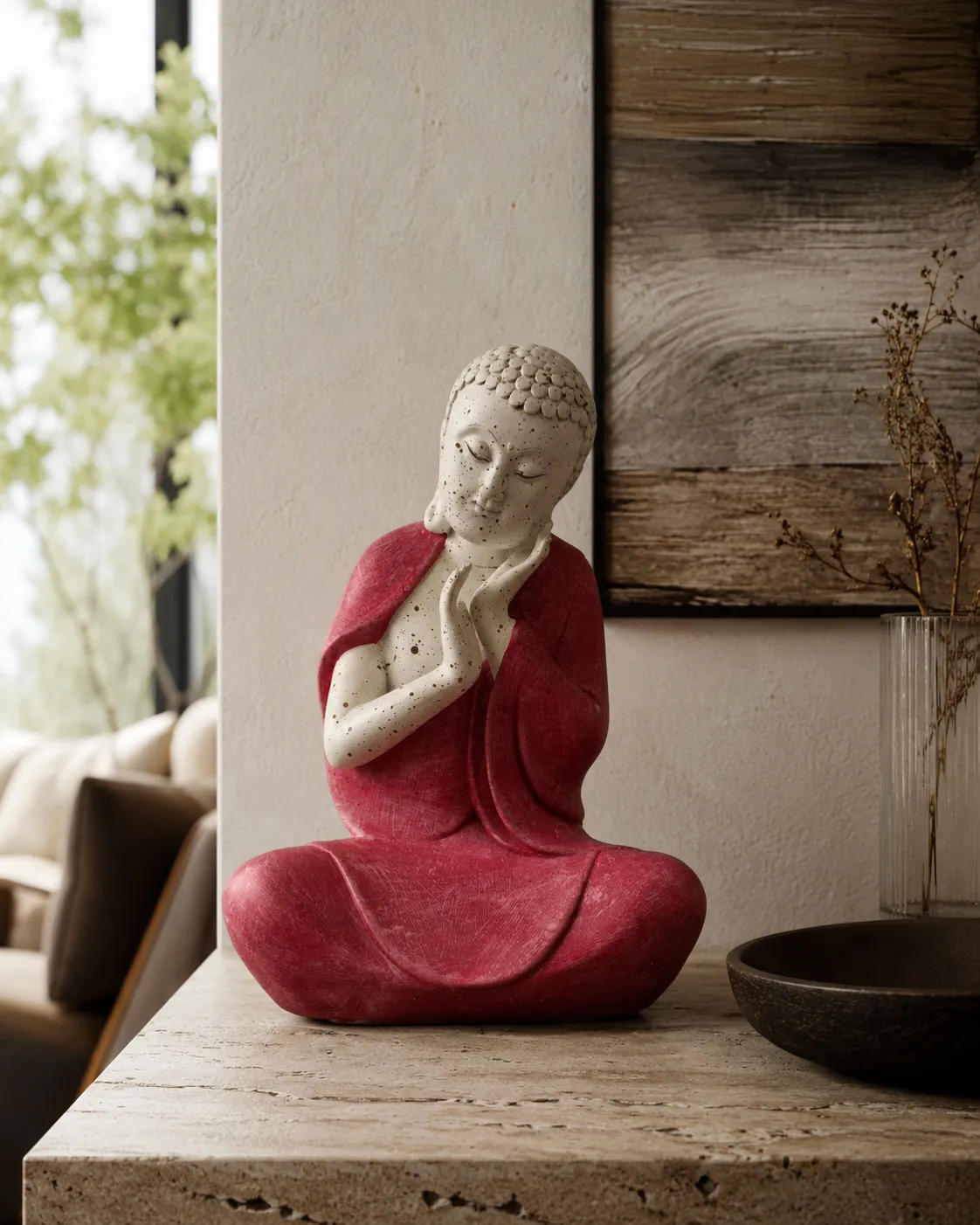 The Contemplative Calm Buddha Statue (Ivory & Burgundy) thumbnail 6