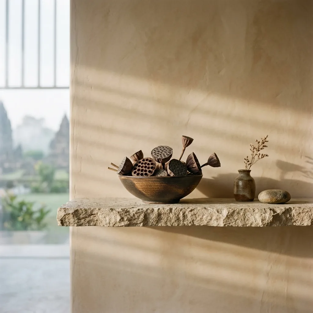A close-up linear crop of a limestone wall ledge displaying dry lotus pods and sandstone fragments.