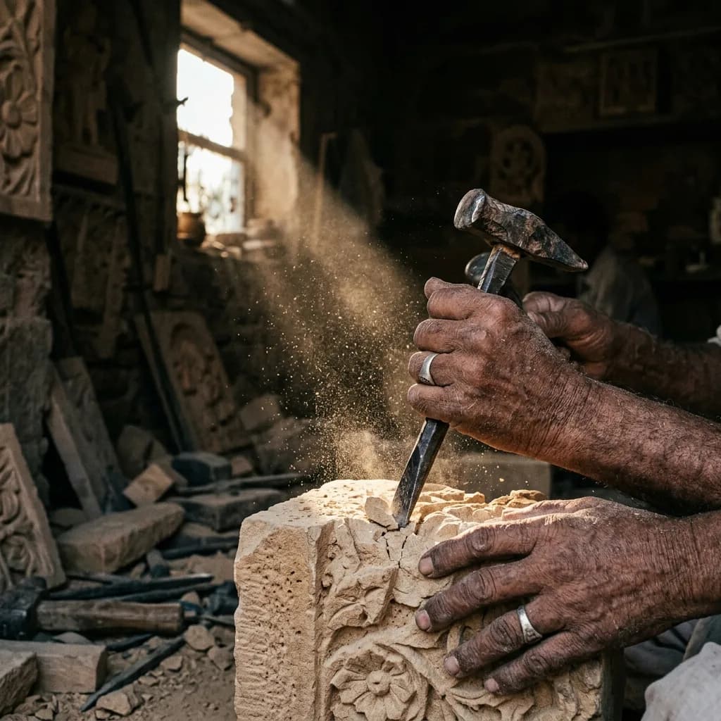 Close-up of a master artisan's hands holding an iron chisel against sandstone, with stone dust particles illuminated in golden sunlight.