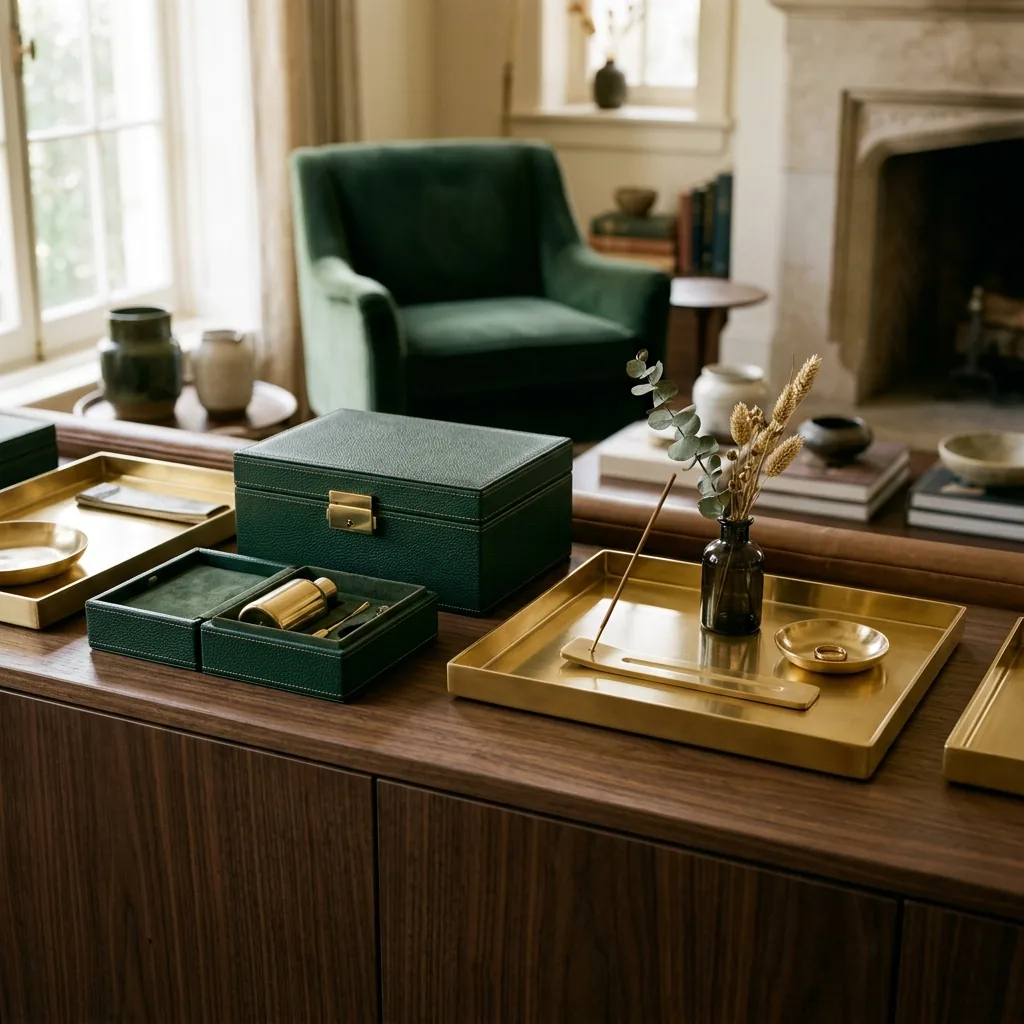 Bespoke brass presentation trays resting next to high-end textured green leather presentation boxes.