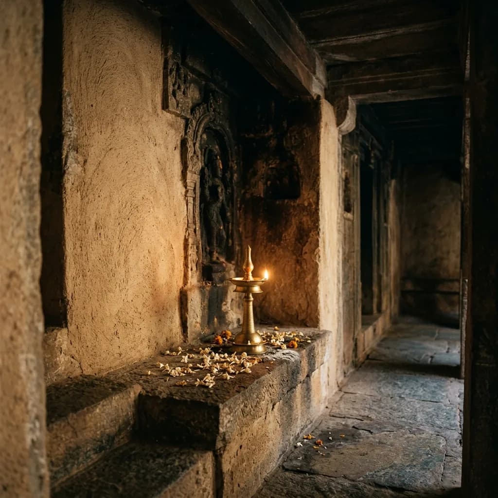 Diffuse lighting illuminating a traditional heritage alcove with floating dry jasmine petals.