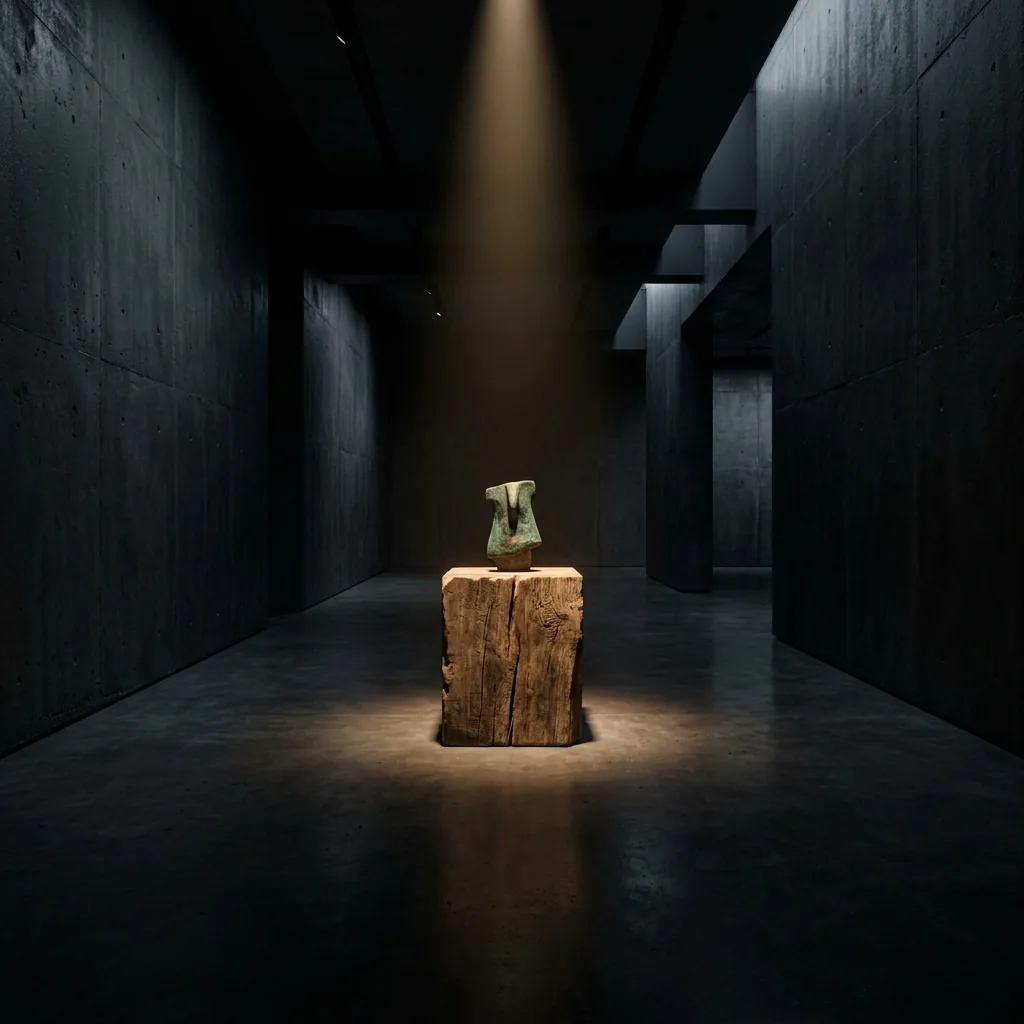 Deep dramatic low-key spotlights casting high-contrast silhouettes in a private gallery salon.