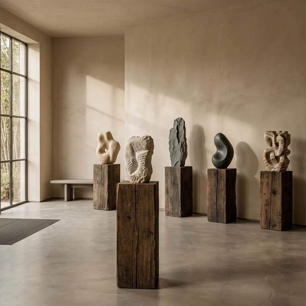A serene, uncluttered room in a high-end private collector gallery showcasing hand-carved stone forms.