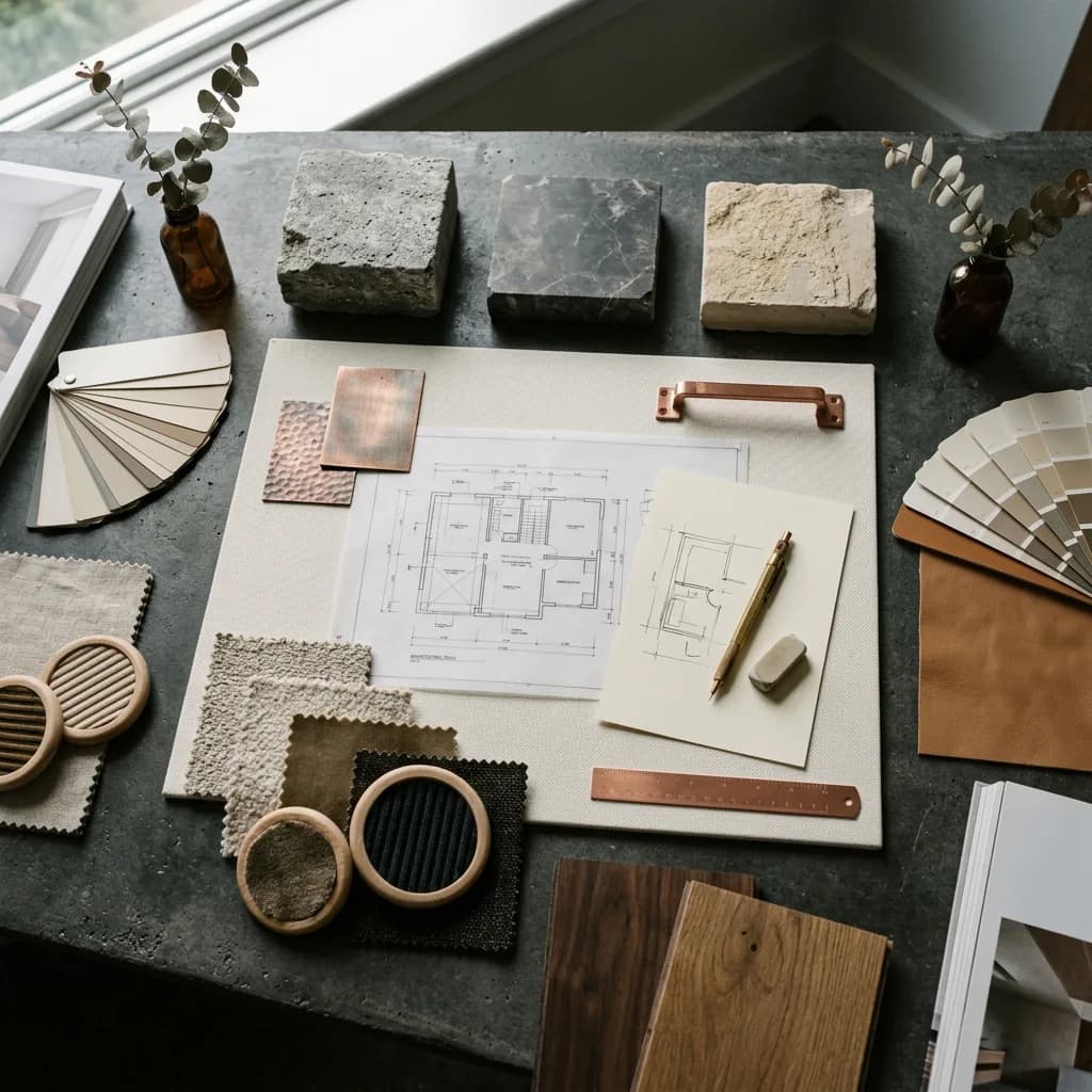 A high-end interior designer workspace blueprint setup.