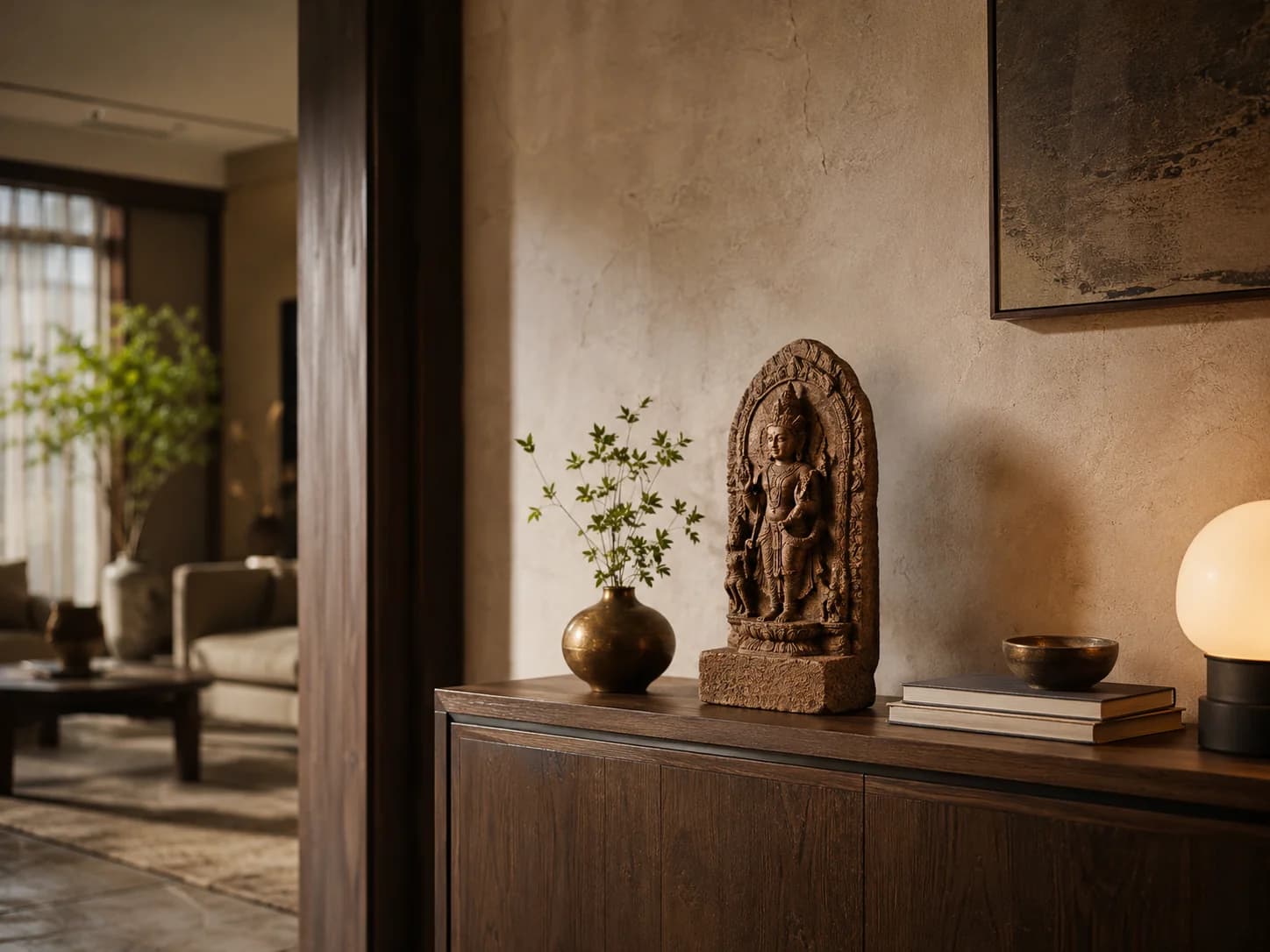 IVARA Nataraja deity sculpture styled in a premium modern gallery interior with dark walls and soft spotlighting.