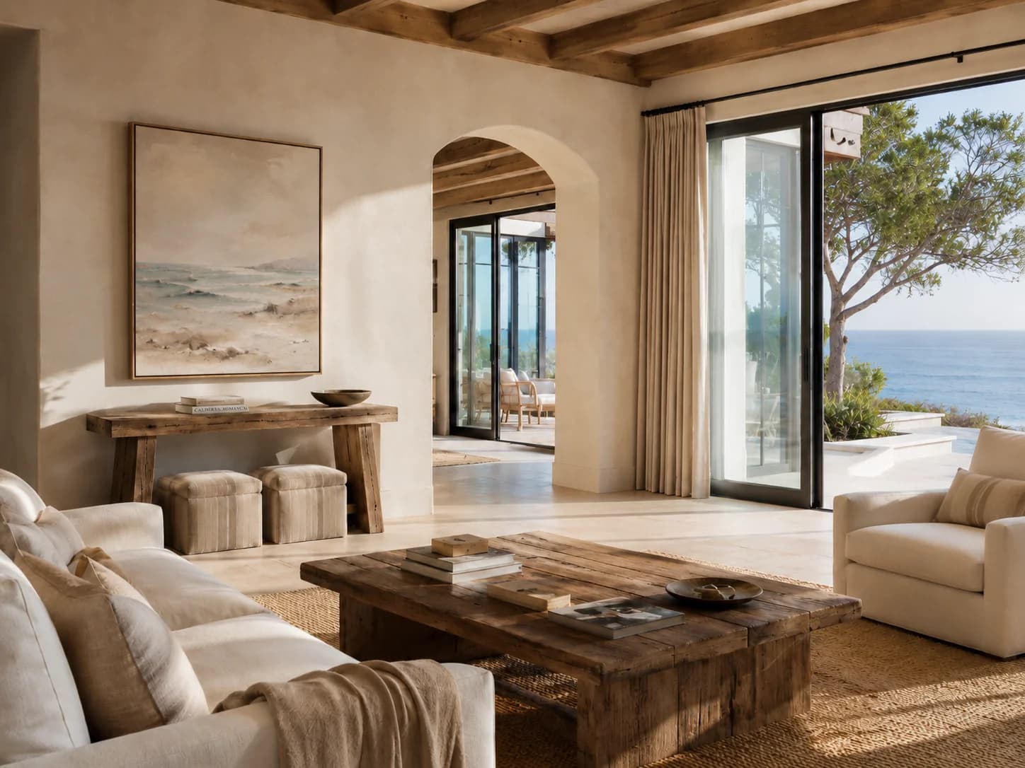 Premium cultural decor piece in a refined home setting with beach view and warm plaster walls.
